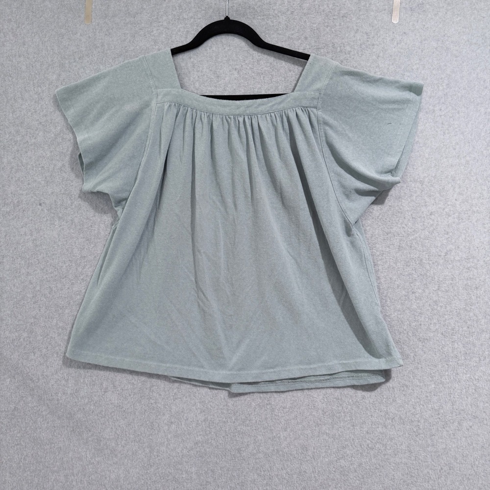 Peasant Sage Green Square Neck Tie Back Flutter Sleeve Knit Top S/M cottagecore